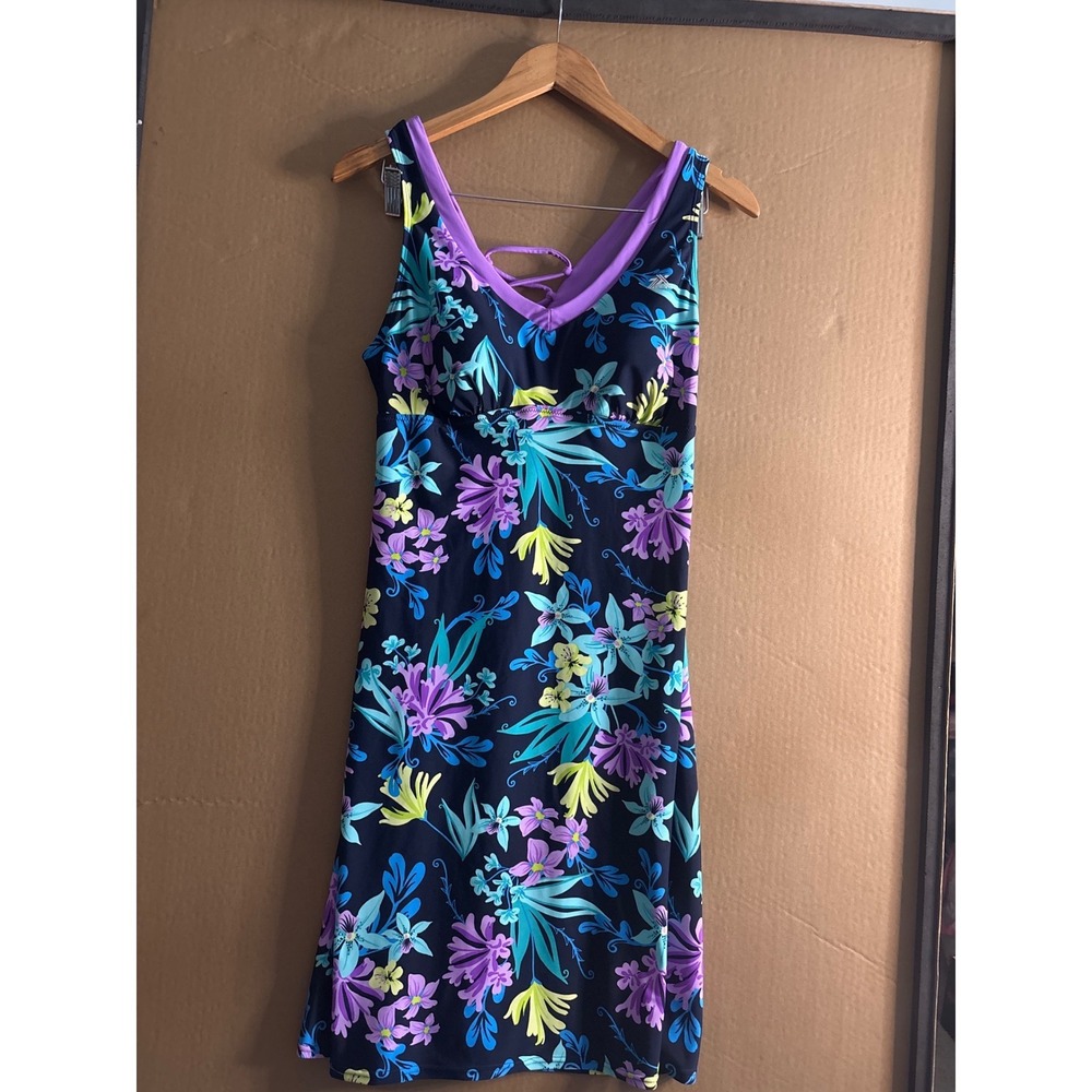 ZeroXposur Womens Floral Swim Dress Lace Up Back Navy Purple Large L